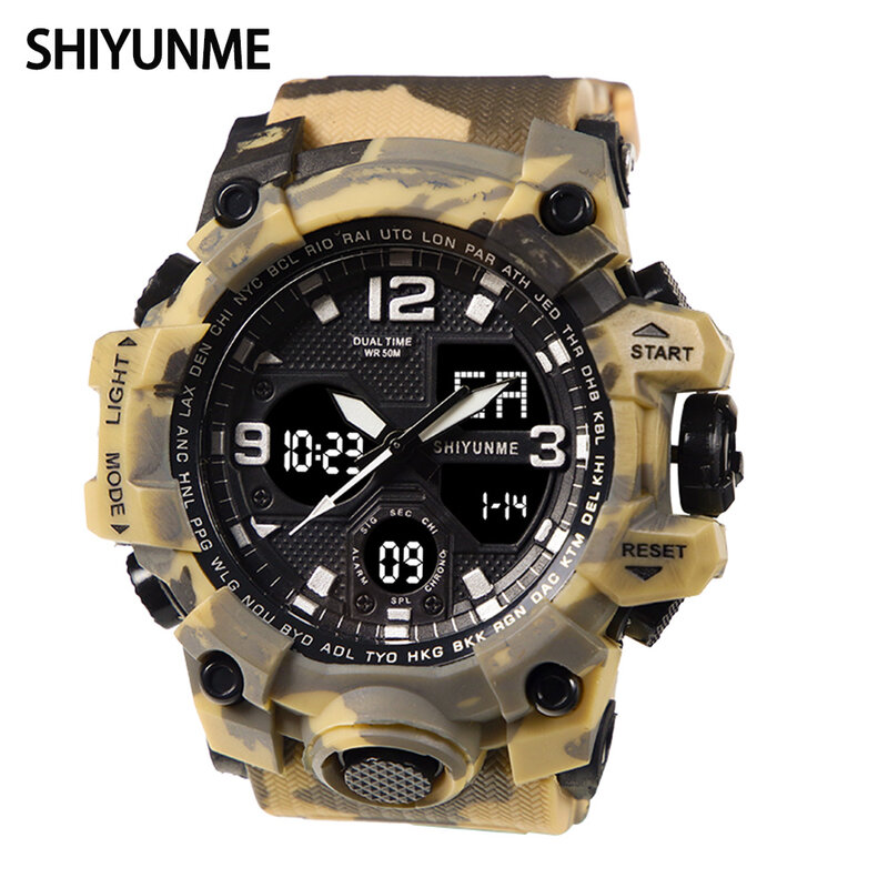 SHIYUNME zegarek mężczyźni wojskowy Sport podwójny czas wyświetlacz cyfrowe zegarki kwarcowe 50m wodoodporny Auto data tydzień stoper часы reloj