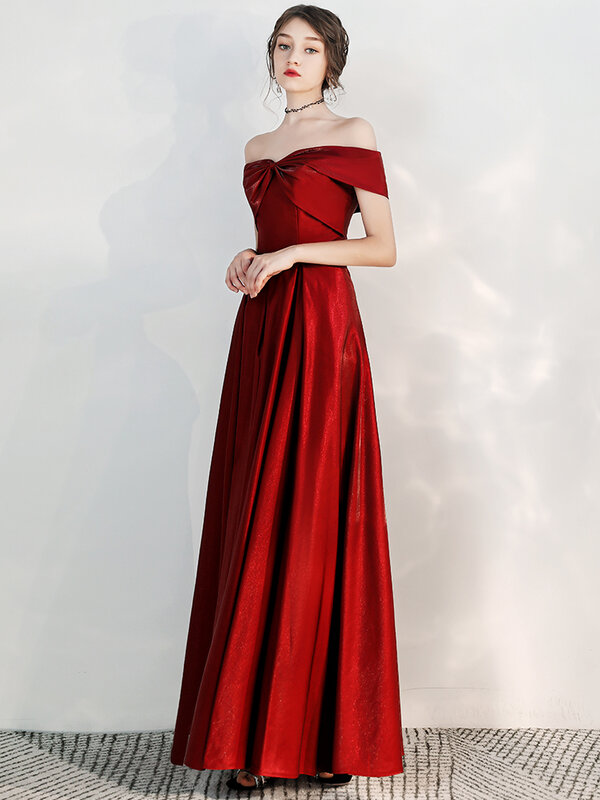 Women Semi-Formal Dress Strapless Dew Shoulder Sexy Party Gowns Red Bow Draped Pleat Ribbons Straight Formal Prom Dresses
