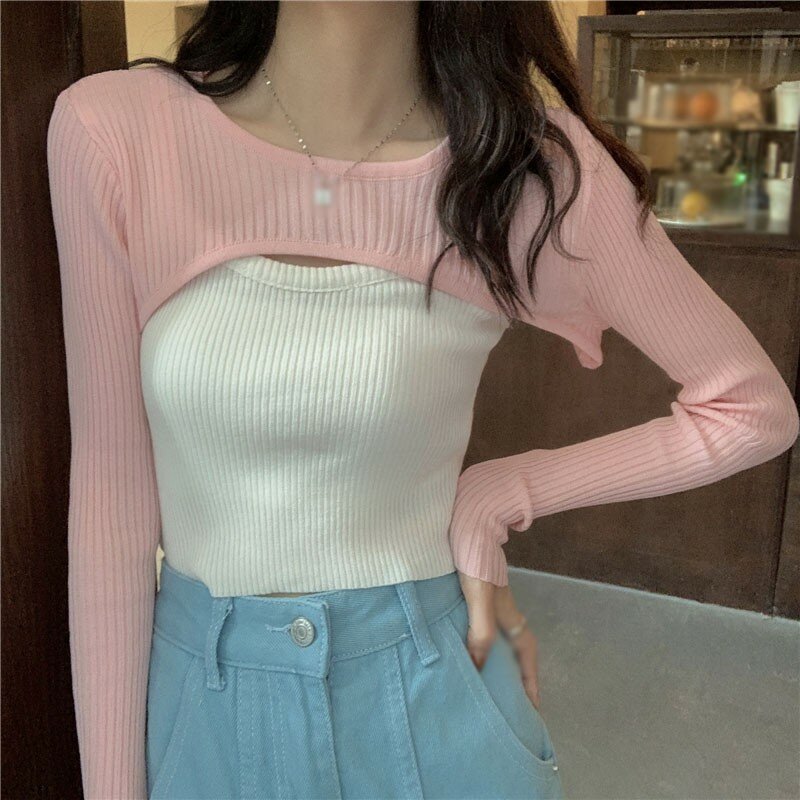 Women Sweaters Ladeis Short Layered Knitted Tops Autumn Slim Slimming Simple Ladies All-match Tops
