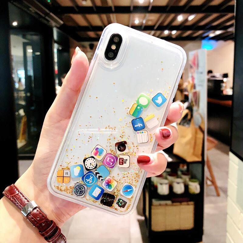 For iPhone  6 6s 7 8 Plus luxury Dynamic liquid Glitter Phone Case For iPhone 8 X XR XS MAX Quicksand Cover Cute APP icon Case