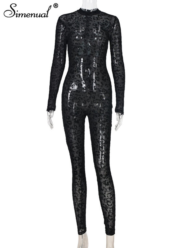 Simenual Animal Instinct Mesh Bodystocking Leopard See Through Velour Long Sleeve Rompers Womens Jumpsuit Sexy Midnight Clubwear