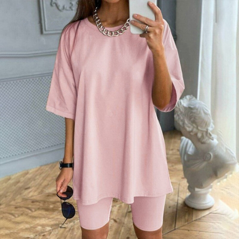 Fall 2020 Woman O Neck Loose Clothes Basic Short Sleeve Top And Biker Shorts 2 Two Piece Sets Lounge Wear For Women Outfits