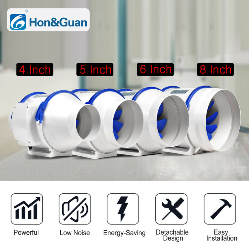 Hon&Guan 4 6 8 inch Silent Inline Duct Fan 220V Exhaust Ventilation Outlet Air Extractor Hood fan for bathroom Toilet Kitchen
