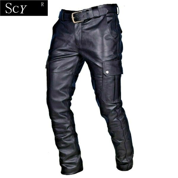 Calças de motocicleta de couro masculinas com bolso de carga, preto, calças de couro sem cinto