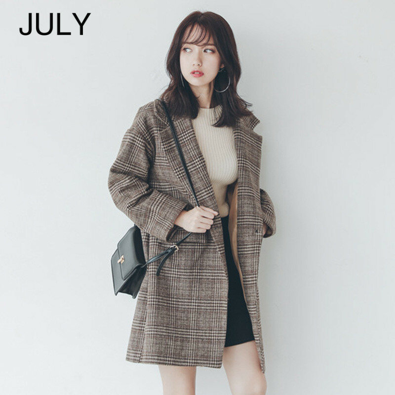 JULY Autumn winter plaid coat jacket female 2019 new loose coat long section women's coat plaid brown coat coat female