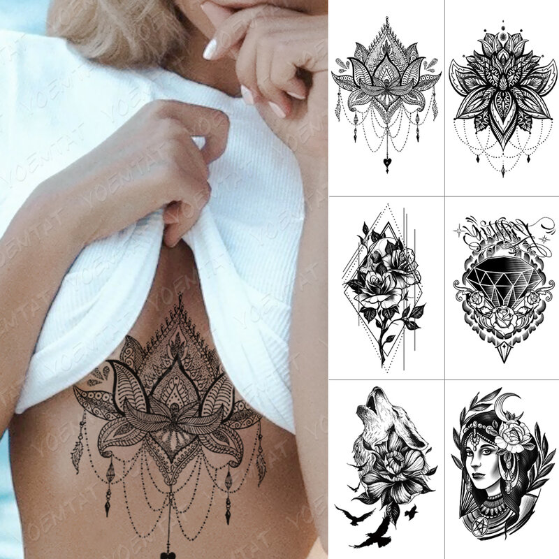 Waterdichte Tijdelijke Tattoo Sticker Borst Kant Henna Mandala Flash Tattoos Wolf Diamant Bloem Body Art Arm Nep Tatoo Vrouwen Mannen