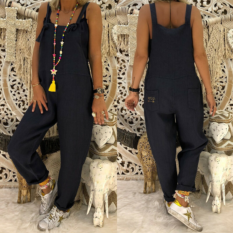 Casual Women Solid Jumpsuits Strappy Dungarees Vintage Cotton Linen Loose Harem Bib Overalls Wide Leg Pant Lace Up Long Rompers