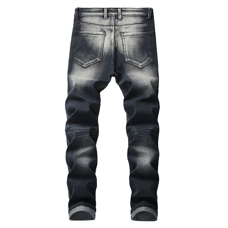 Модные мужские байкерские джинсы 2021, Осенние уличные брюки в стиле хип-хоп, мужские облегающие рваные джинсовые брюки с нашивками и дырками