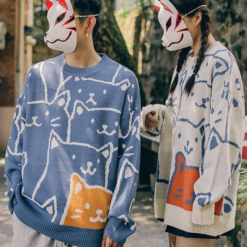 Harajuku japonês vintage camisola masculina outono inverno dos desenhos animados solto camisola de malha hip hop streetwear malhas pullovers