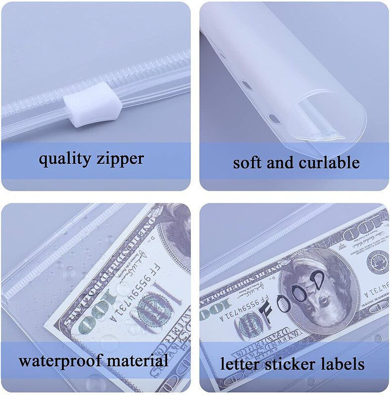 12pcs Binder Pockets A6 Size 6 Holes Zipper Binder Pouch for Loose Leaf Notebook and 6PCS 26 Categories Letter Sticker Labels