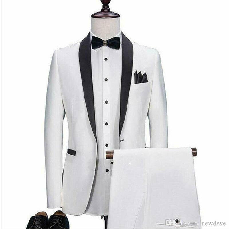 Białe męskie smokingi ślubne smoking pana młodego 2 kawałki zestaw frak garnitury spodnie kurtka Custom Made klapa zamknięta formalne garnitur na bal