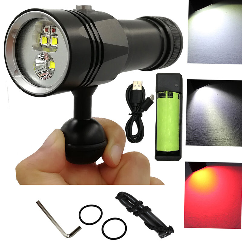 Underwater Photography Video Light Diving Flashlight 5 LED 3x XM-L2 White+ 2x XPE Red Waterproof torch Lamp+ 26650 +Charger