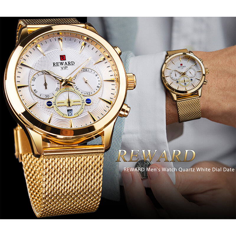 REWARD – montre de marque de luxe pour homme, chronographe, horloge, aiguilles lumineuses, montre en or, bracelet en acier inoxydable, Relogio Masculino