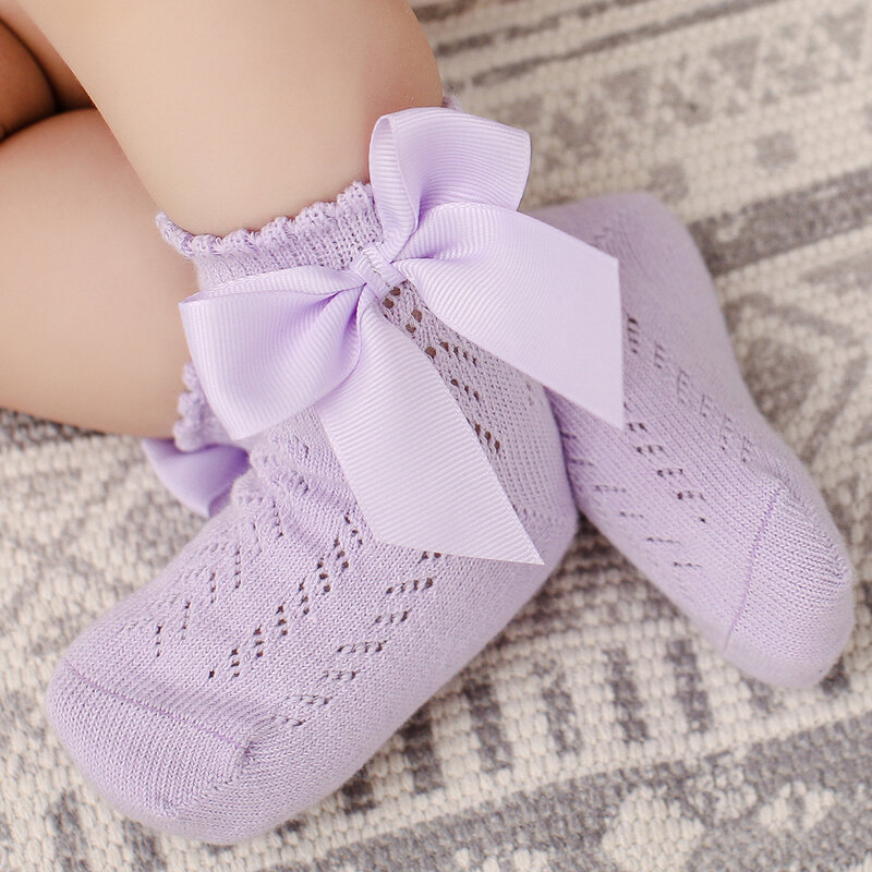 Носки для маленьких девочек с большим бантом, дышащие короткие носки для новорожденных девочек, ажурные хлопковые детские носки принцессы для малышей от 0 до 5 лет