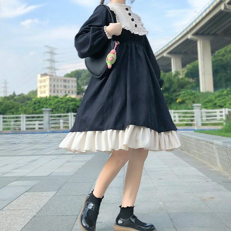 일본 스타일 가을 여성 드레스, 하이 웨이스트 블랙 고딕 긴팔 프릴, 스위트 로리타 원피스 공주, 카와이 의류