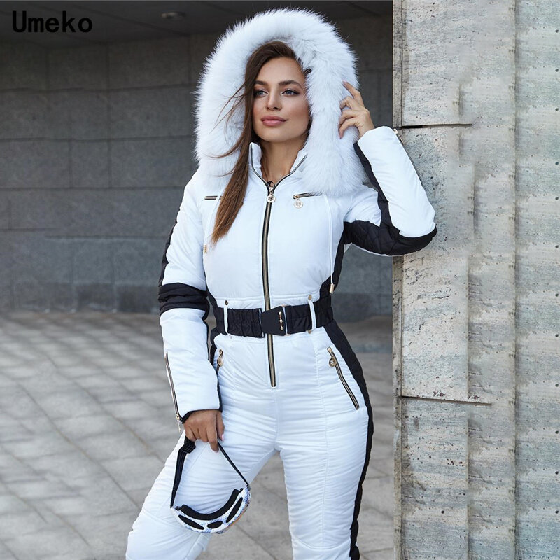 Umeko 2020 inverno feminino com capuz macacões parka algodão acolchoado quente faixas de esqui terno sem cinto uma peça casual fatos de treino