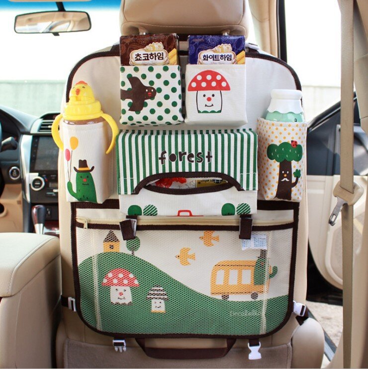 Cute Cartoon Car Seat Back Organizer Milk Bottle Snack Storage Bag iPad Tablet Holder For Kids Seat Back Kick Protector Cover