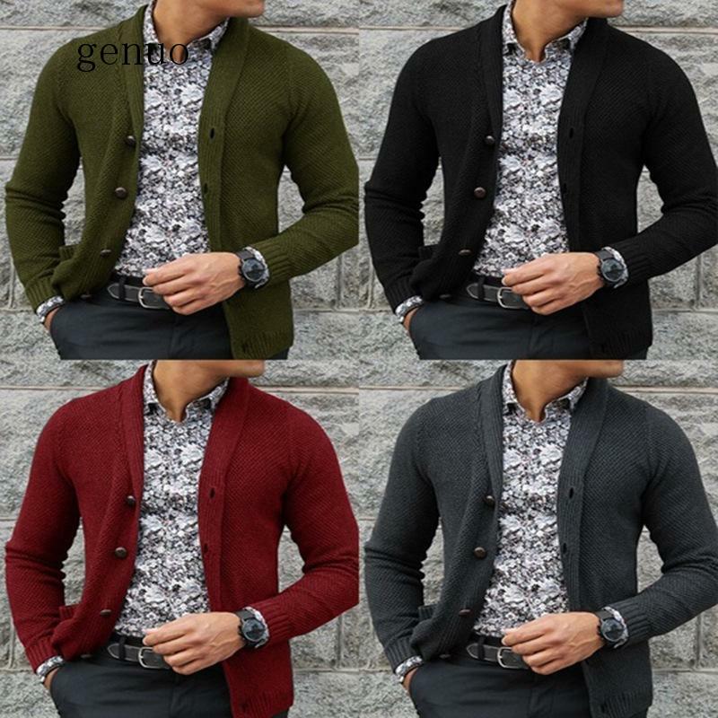 2020 dos homens novos ajuste fino turn down collar cardigan outerwear masculino cor sólida malha cardigans outono casual suéteres malhas