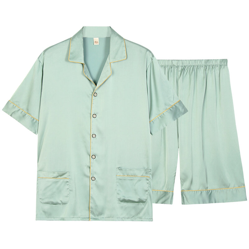 Pijama feminino de cetim de seda, verão, manga curta + calças curtas, roupa de dormir, seda gelo, roupas de casa