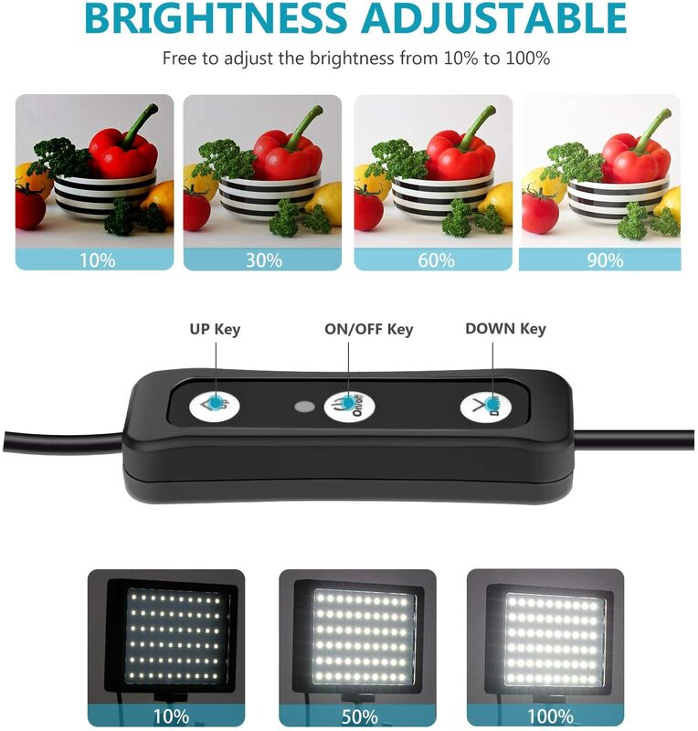 2 paquetes de luz LED de vídeo regulable 5600K USB con soporte de trípode ajustable y filtros de Color para transmisión en vivo