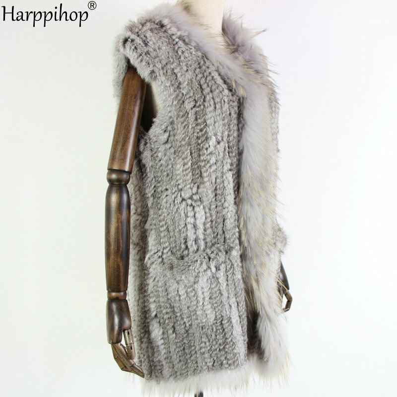 Chaleco de piel de conejo de punto para mujer, estilo largo de 80cm, Cuello de piel de mapache, decoración de bolsillo