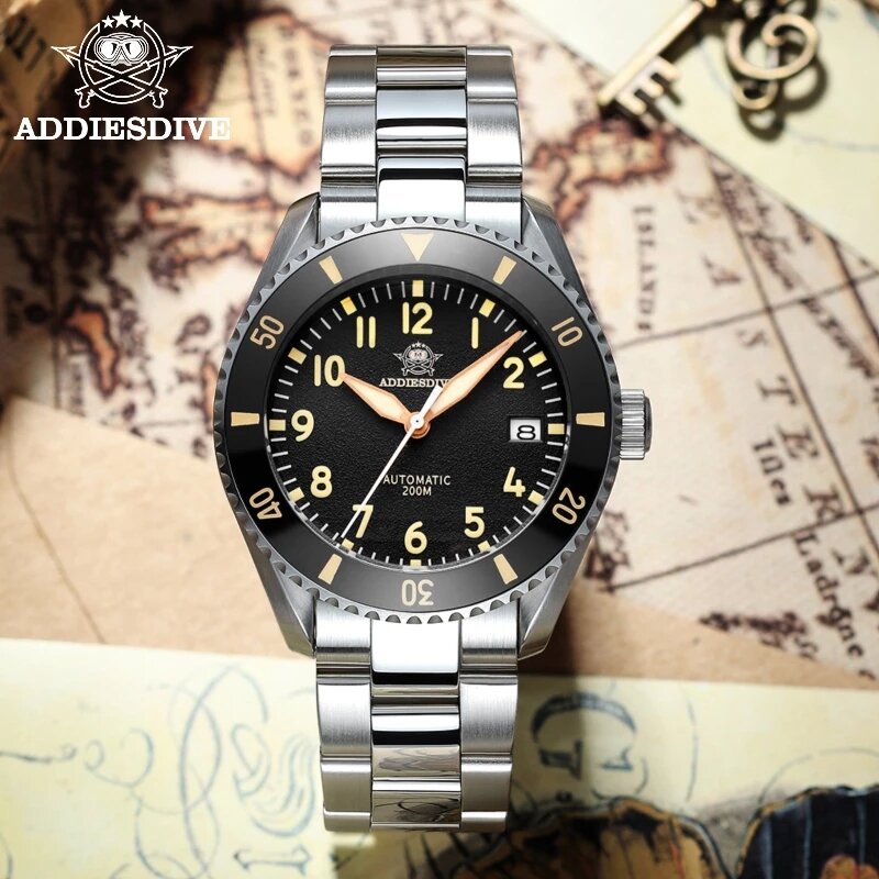 ระบบรุ่น Addies ดำน้ำ NH35นาฬิกาข้อมือผู้ชาย One-Way หมุนแหวนเซรามิค316L สแตนเลสนาฬิกาคริสตัลแซฟไฟร์นาฬิกากันน้ำ200เมตร