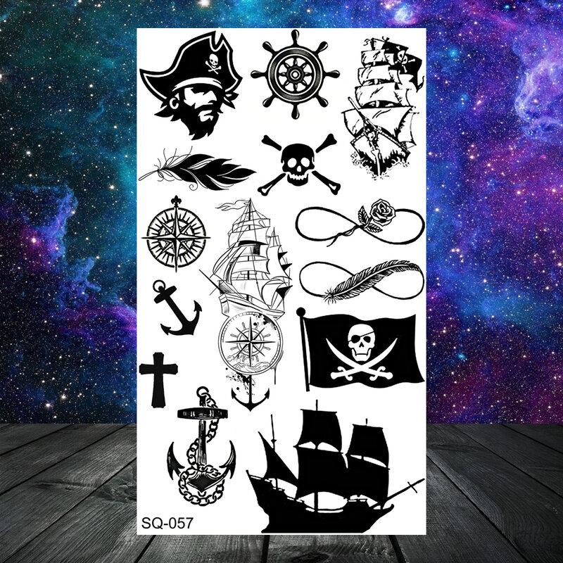 Якорь, пират череп Временные татуировки для женщин мужчин детей мальчиков астронавт корабль морской лошадь искусственная Татуировка Шея руки маленькие татуировки