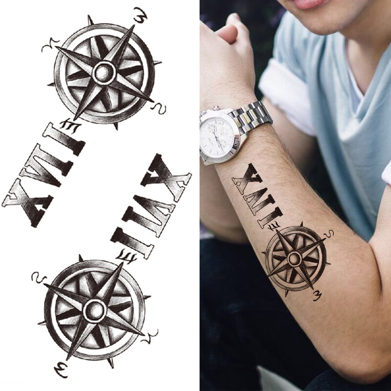Kompass Halbe Hülse Temporäre Tattoos Für Frauen Männer Erwachsene Schwarz Kreuz Tattoo Aufkleber Realistische Gefälschte Lion Tatoo Vogel Uhr Blume