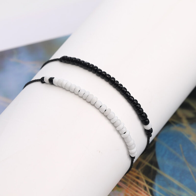 2 Stks/set Handgemaakte Kleine Zwart Wit Zaad Kralen Armband Voor Vrouwen Mannen Verstelbare Touw Koord Gevlochten Armbanden Vriendschap Sieraden