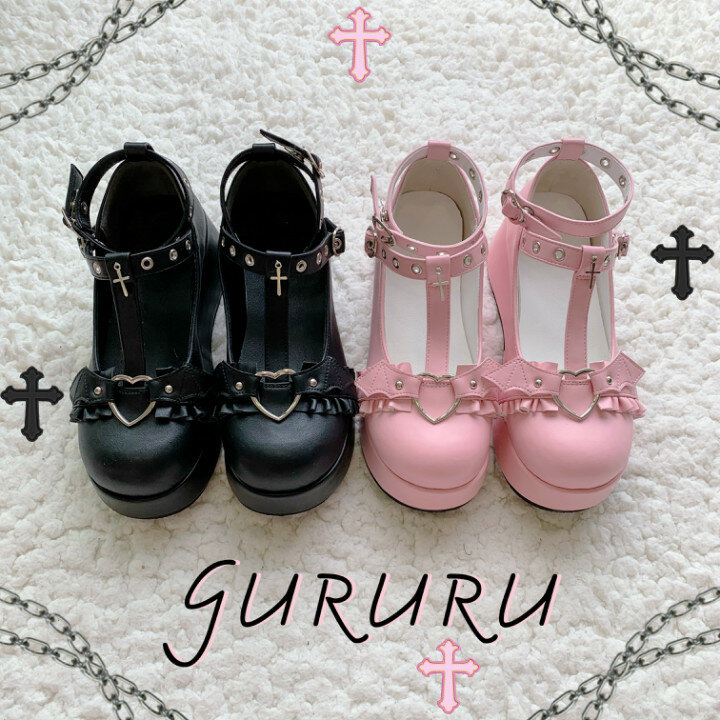 Chaussures punk à nœud avec semelle compensée pour femme, style Kawaii, chauve souris, diablotin, matériau polyuréthane, hauteur du talon 5,5 cm