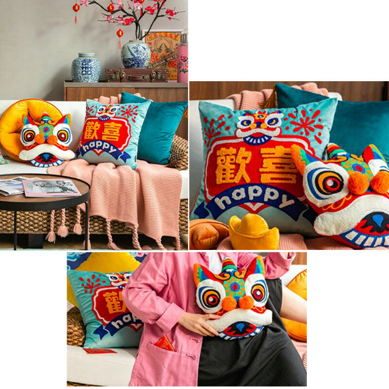 DUNXDECO-funda de cojín decorativa, cubierta de cojín con bordado de León, danza tradicional china, sofá, silla, ropa de cama