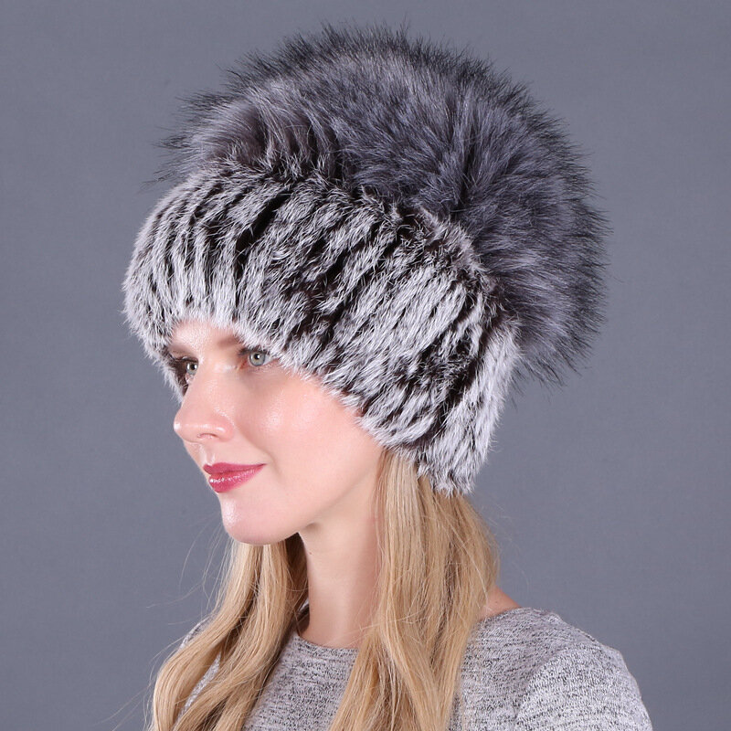 Sombrero de piel de conejo para mujer, gorro de lana de punto cálido de imitación de piel de zorro, moda coreana, Otoño e Invierno