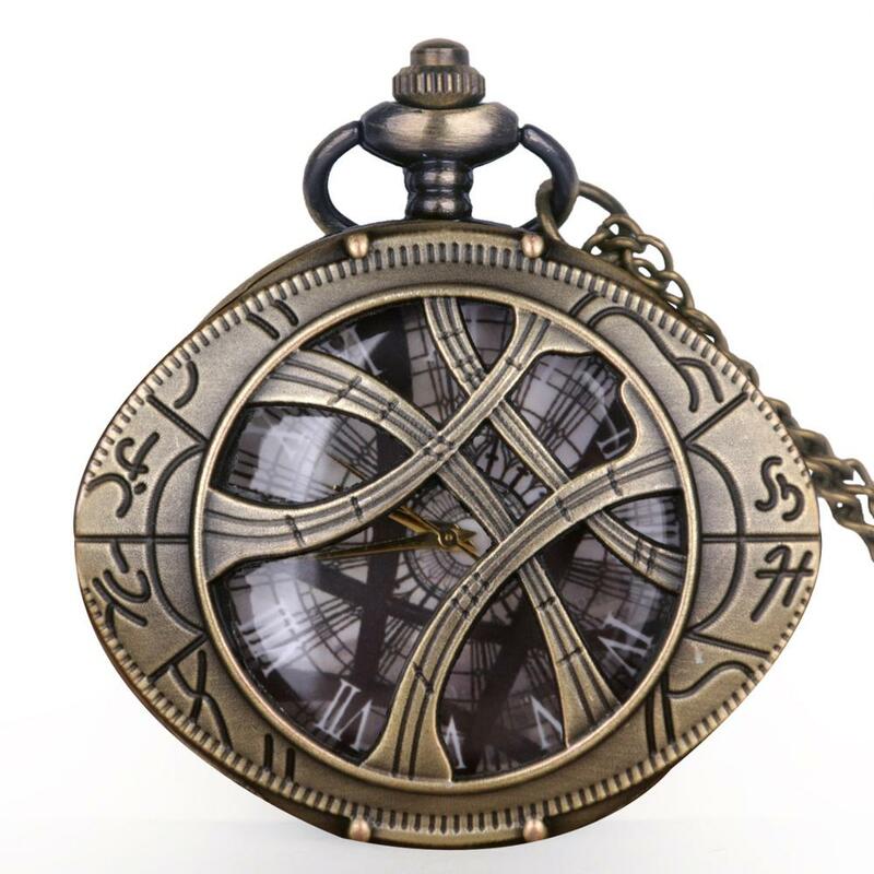Vintage Bronze Eye Of Agamotto okrągły kształt skrzynki zegarek kieszonkowy kwarcowy biżuteria naszyjnik łańcuch prezenty dla kobiet mężczyzn