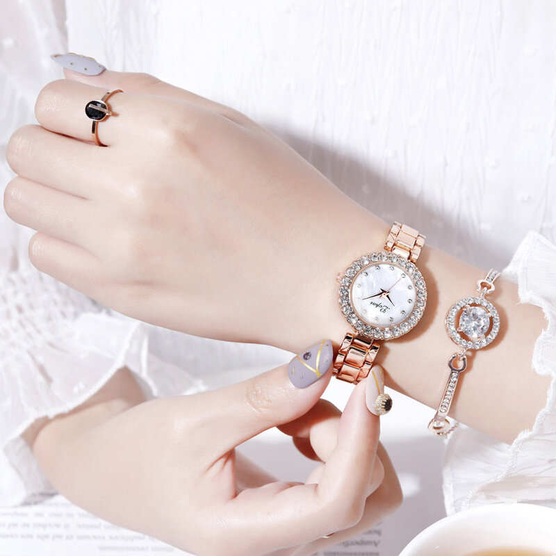 Senhoras da moda Relógios de Pulso Analógico de Quartzo Diamante Pulseira Relógio de Vestido para As Mulheres relógio de Pulso Banda de Metal em Ouro Rosa horloge dames