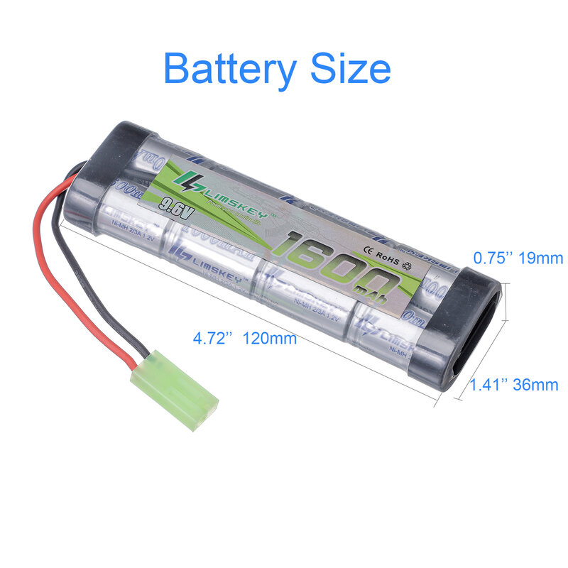 Limskey-bateria plana de 9.6v e 1600mah nimh, conector mini tamiya para armas de airsoft, mini ak ou modificado aeg, 8s 2/3a, v