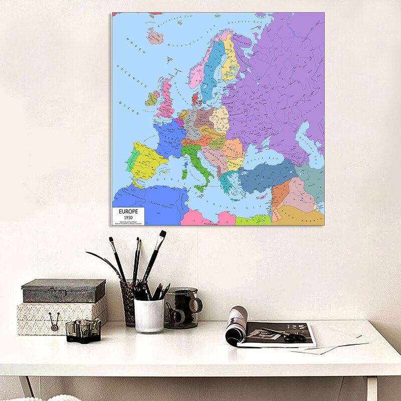 150*150cm Political Map of The Europe In 1950 Retro Wall Poster Vinyl Canvas Painting Classroom Home Decoration School Supplies