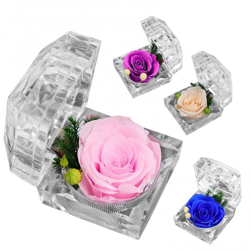 Kotak Cincin Bunga Mawar Yang Diawetkan Tempat Pajangan Perhiasan Pertunangan Pernikahan Hadiah Hari Liburan Bunga Buatan Dekoratif
