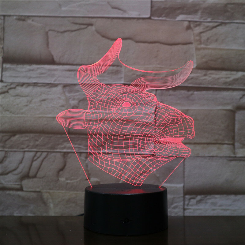 Luz de noche 3D de toro para niños, lámpara LED USB de cabeza de ganado de dibujos animados, 7 colores cambiables, decoración del hogar, regalo, novedad de 2019