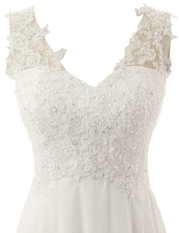 فستان زفاف الشاطئ حجم كبير أبيض/Lvory الشيفون الدانتيل يزين فساتين أنيقة لفستان الزفاف بدون ظهر Vestido De Noiva
