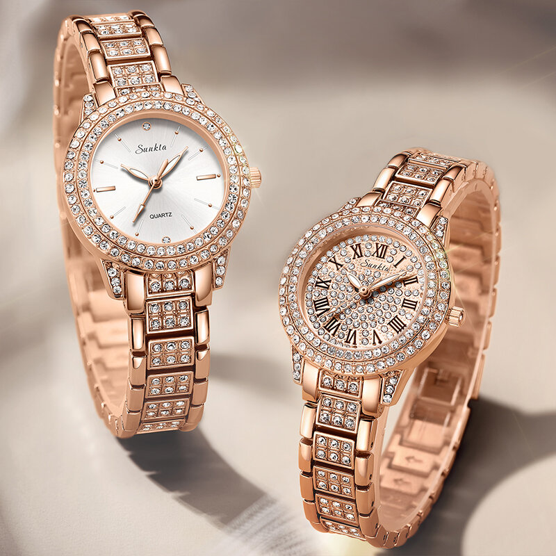 Sunkta นาฬิกาผู้หญิงคลาสสิกตัวเลขโรมันนาฬิกาควอตซ์ผู้หญิงแฟชั่น Casual Bling นาฬิกาสุภาพสตรีกันน้ำ Reloj Mujer