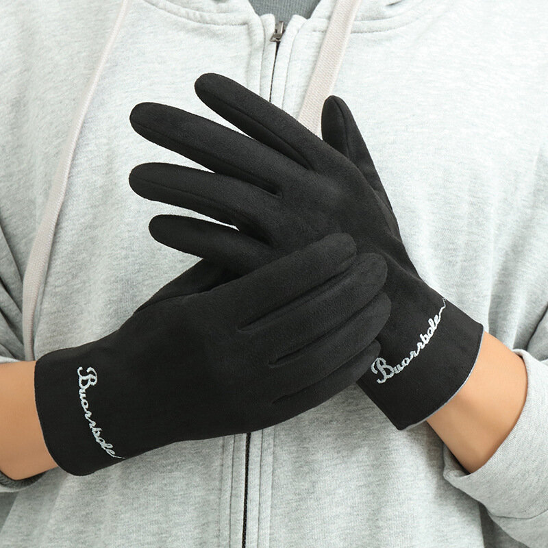 Перчатки Мужские Зимние Замшевые, теплые модные утепленные митенки с вышивкой надписью, с бархатной подкладкой для сенсорных экранов