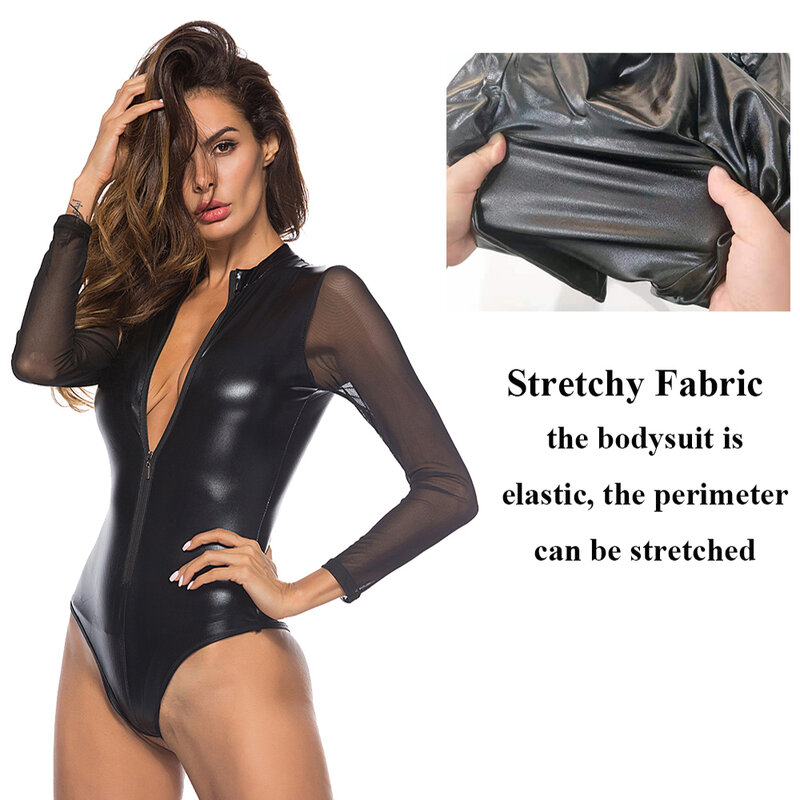 Langarm Mesh Transparent Faux Leder Body Zipper Latex Wet Look Overall Clubwear Partei PVC Catsuit