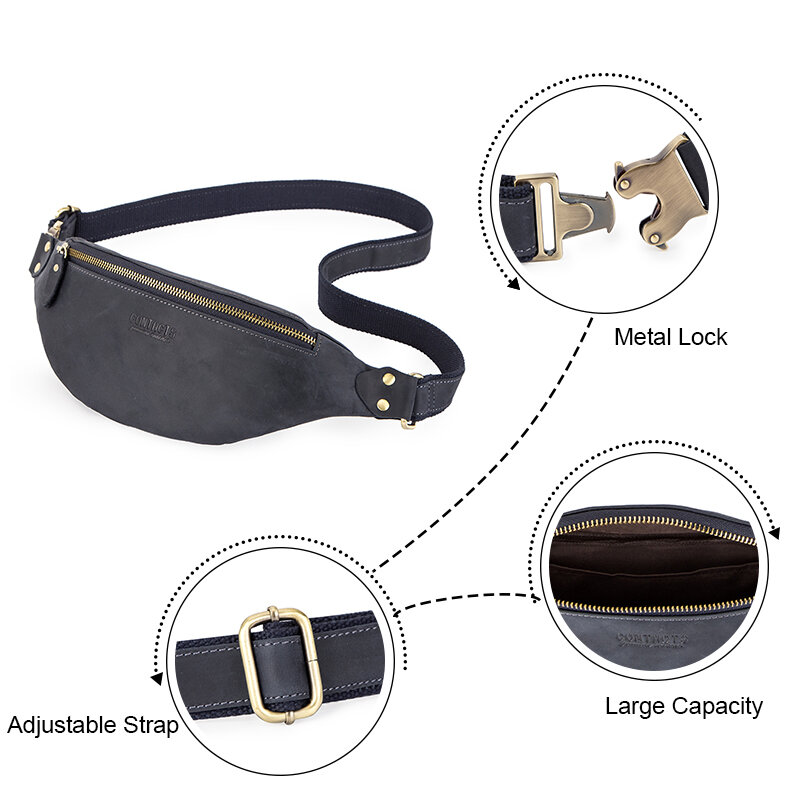 CONTACT'S 100% Crazy Horse Leather Waist Packs Travel Fanny Pack For Men Leather Waist Bag Male Belt Bag Multifunction Chest Bag