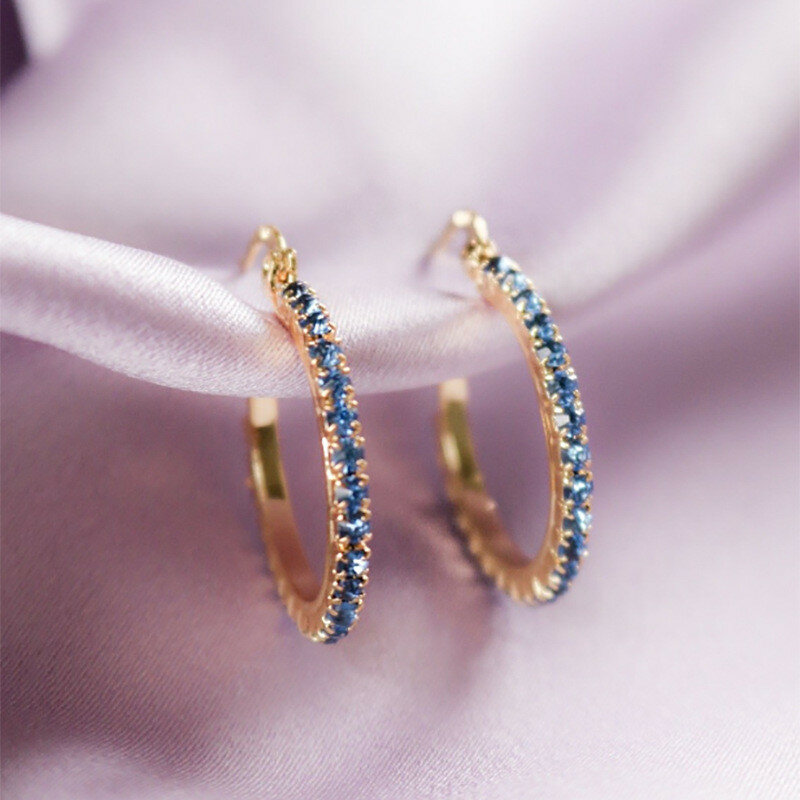 Fashion Deep Blue Cubic Zirconia Hoops Hoop Earrings for Women Gold Color Gorgeous Lady Wedding Party Gifts Jewelry