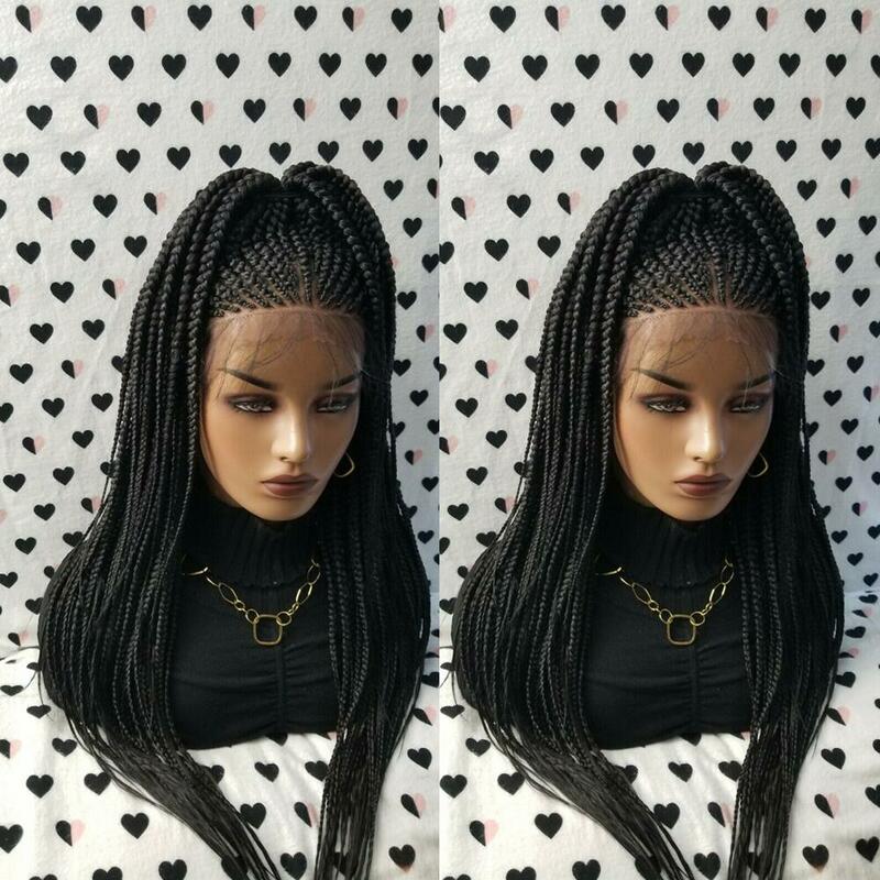 Cor preta caixa de tranças peruca tranças africano trançado peruca dianteira do laço para preto feminino fibra sintética resistente ao calor