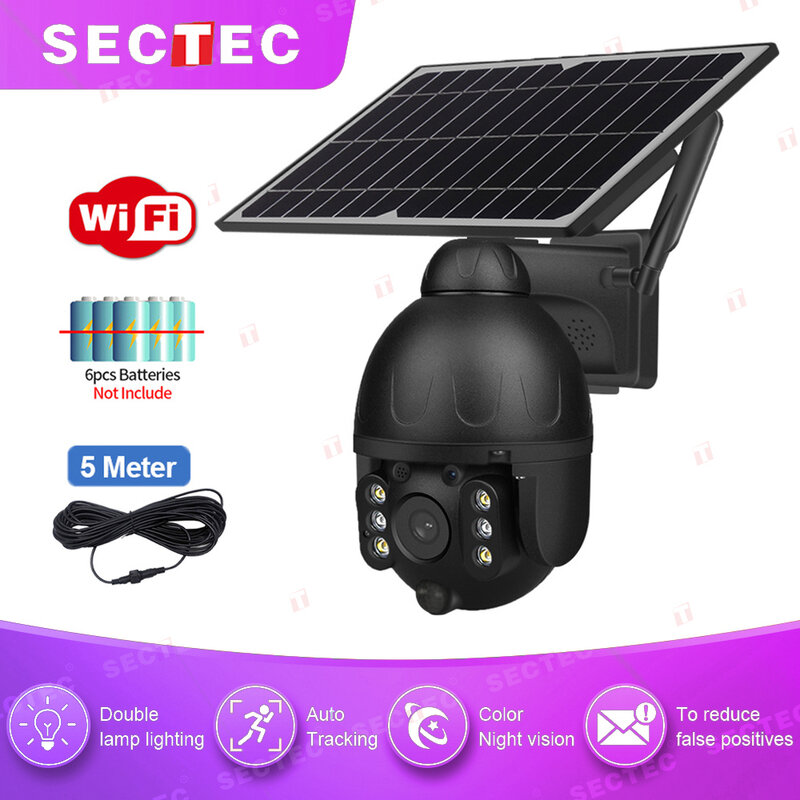 SECTEC – caméra solaire extérieure sans fil WIFI, Protection de sécurité, noir, batterie amovible, vidéosurveillance PIR