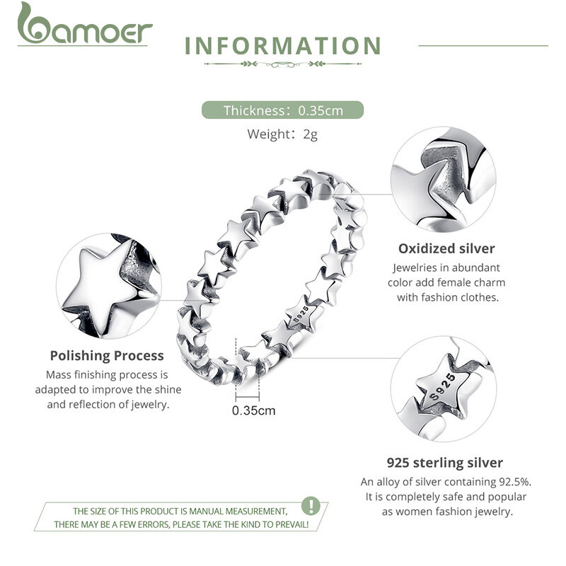 Bamoer venda quente genuíno prata 925 anel de estrela para o casamento feminino 100% 925 prata esterlina empilhável dedo anel jóias pa7151