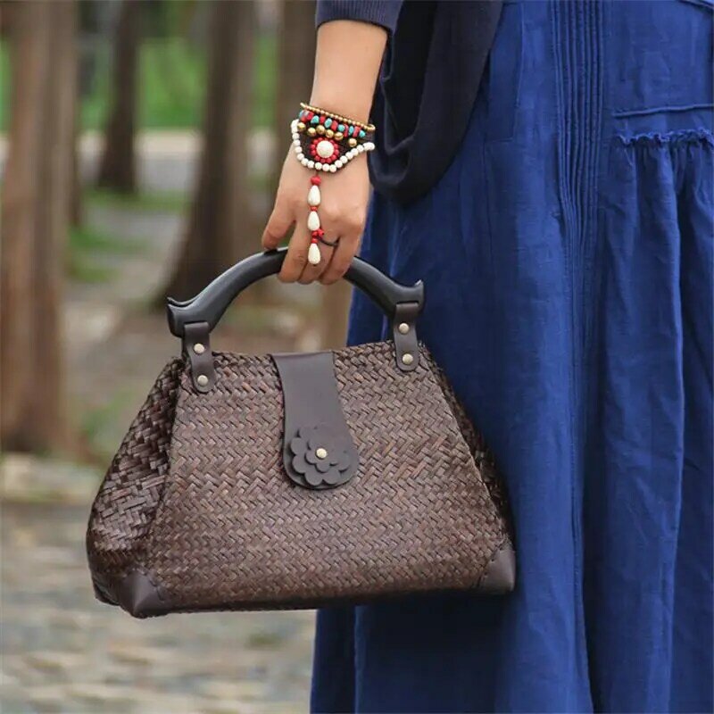 タイの籐製ハンドバッグ,大,手織り,文学,レトロ,a6103,32x20cm