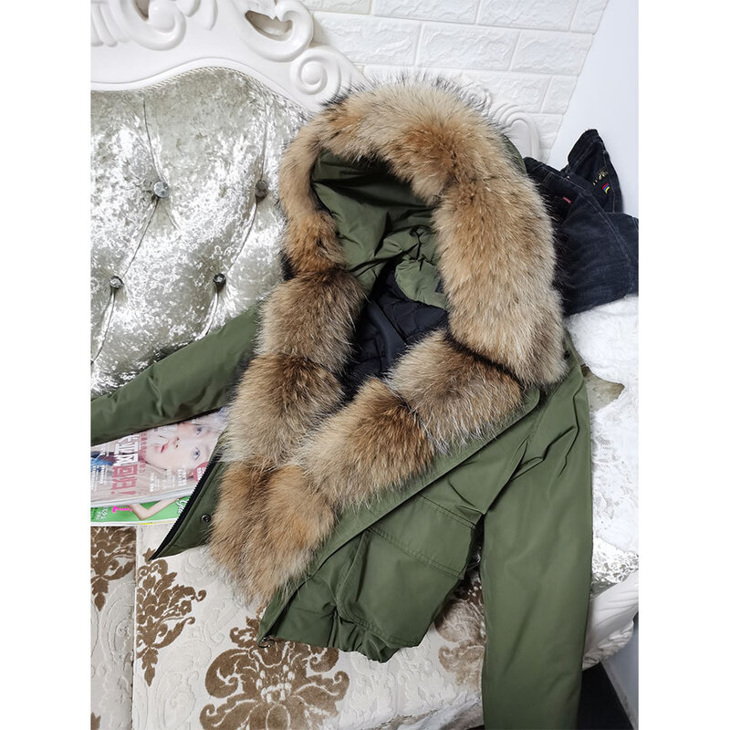MAOMAOKONG 2024 Fashion Short Women's Real Fox Fur Coat Natural Big Raccoon Fur Collar Winter Parka Bomber Jacket Waterproof