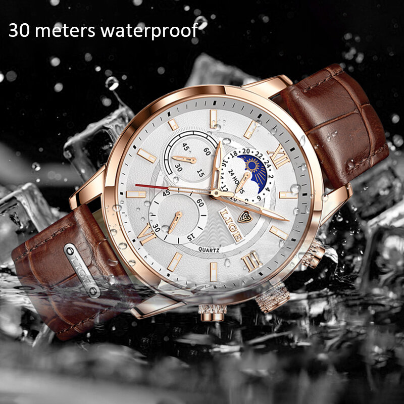 LIGE-Relógio de pulso de quartzo de couro impermeável masculino com caixa, relógios luminosos, marca superior, luxo, nova moda, 2023